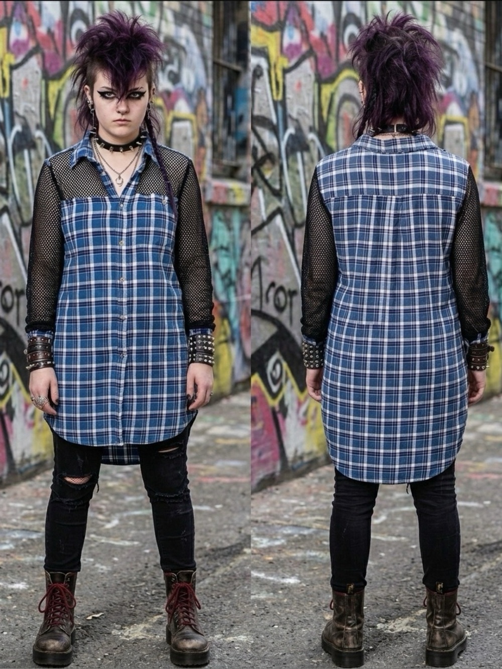 - FURST OF A KIND Edgy Blue Plaid & Black Button Down Shirt Goth Punk Rock Core